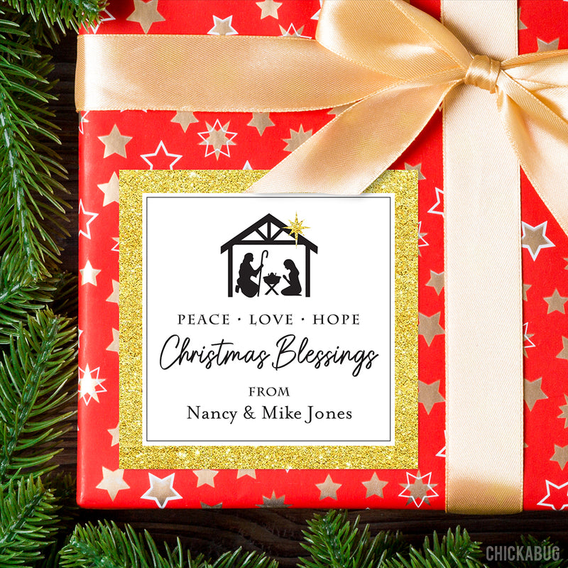 Gold Nativity Scene "Christmas Blessings" Gift Labels