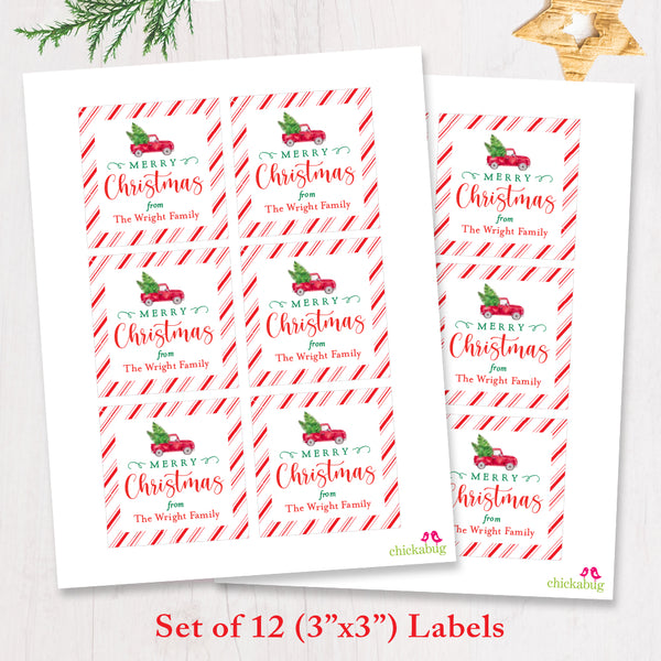 Red Vintage Truck Christmas Gift Labels