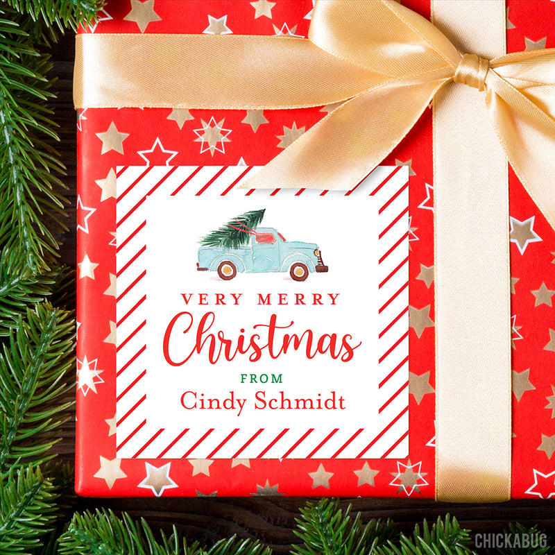Watercolor Vintage Truck Christmas Gift Labels
