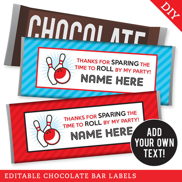 Bowling Party Chocolate Bar Labels (EDITABLE INSTANT DOWNLOAD)