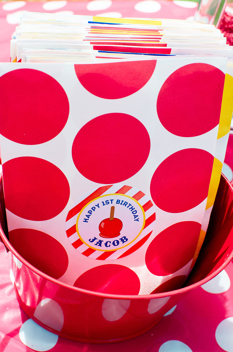 75 Paper Popcorn Bags - Red White and Blue - Clown Print 