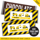 Construction Party Chocolate Bar Labels (EDITABLE INSTANT DOWNLOAD)