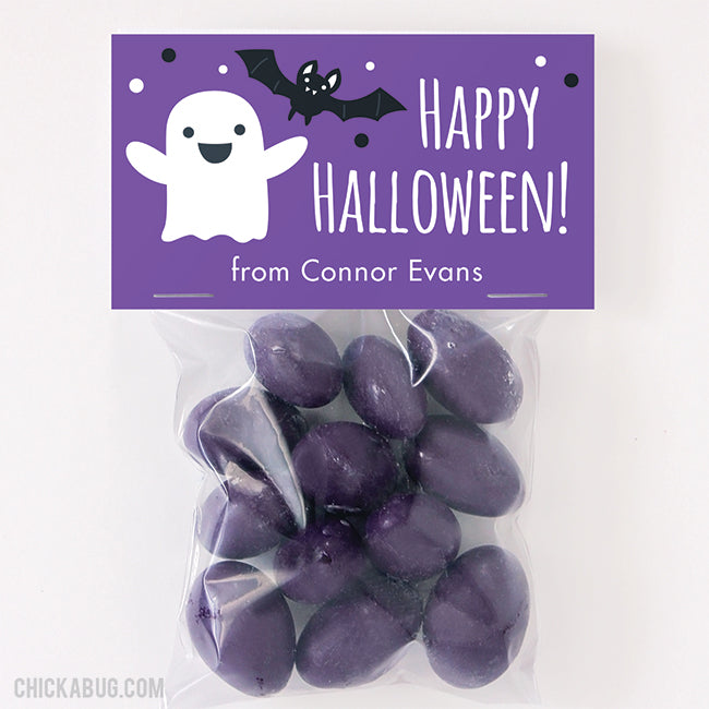Ghost and Bat Halloween Paper Tags and Bags - Purple