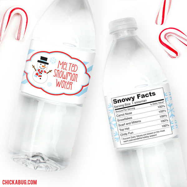 30 CHRISTMAS PARTY FAV0RS MELTED SNOWMAN WATER BOTTLE LABELS