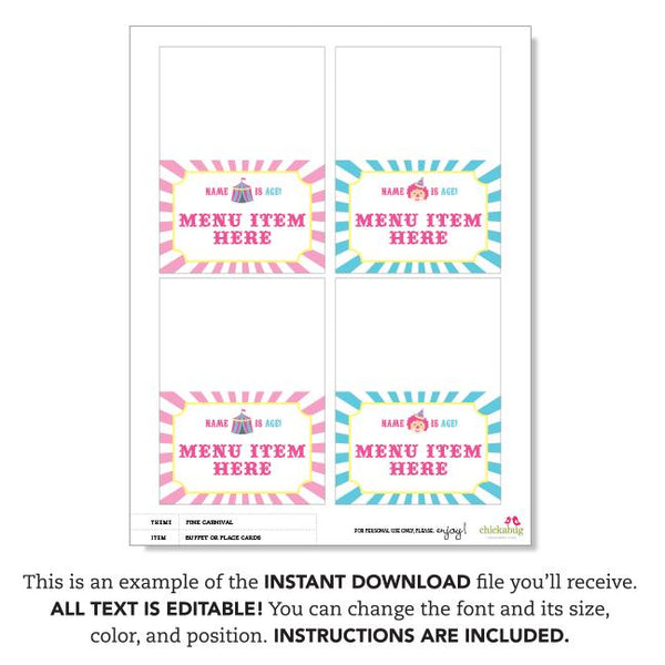 Pink Carnival Party Table Tent Cards (EDITABLE INSTANT DOWNLOAD)