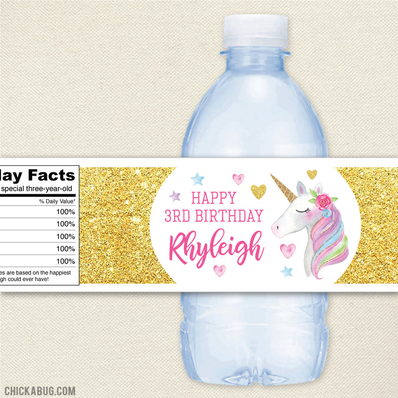 Gold Unicorn Birthday Water Bottle Labels