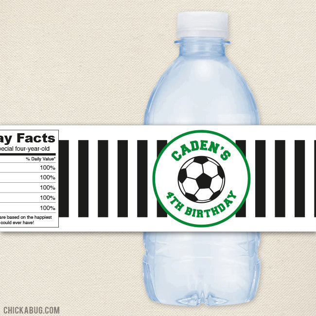 Green Soccer Birthday Water Bottle Labels