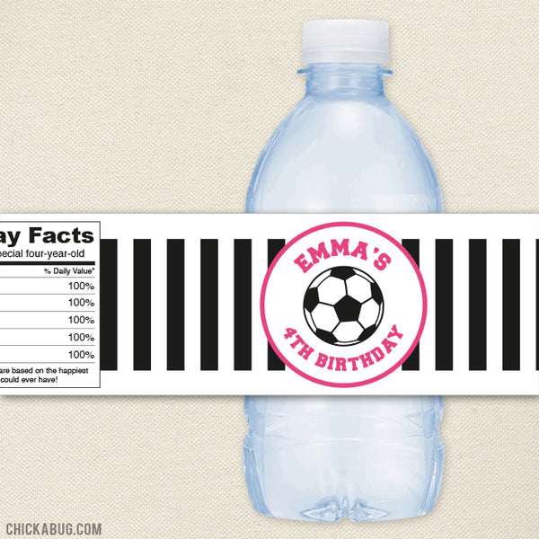 Pink Soccer Birthday Water Bottle Labels