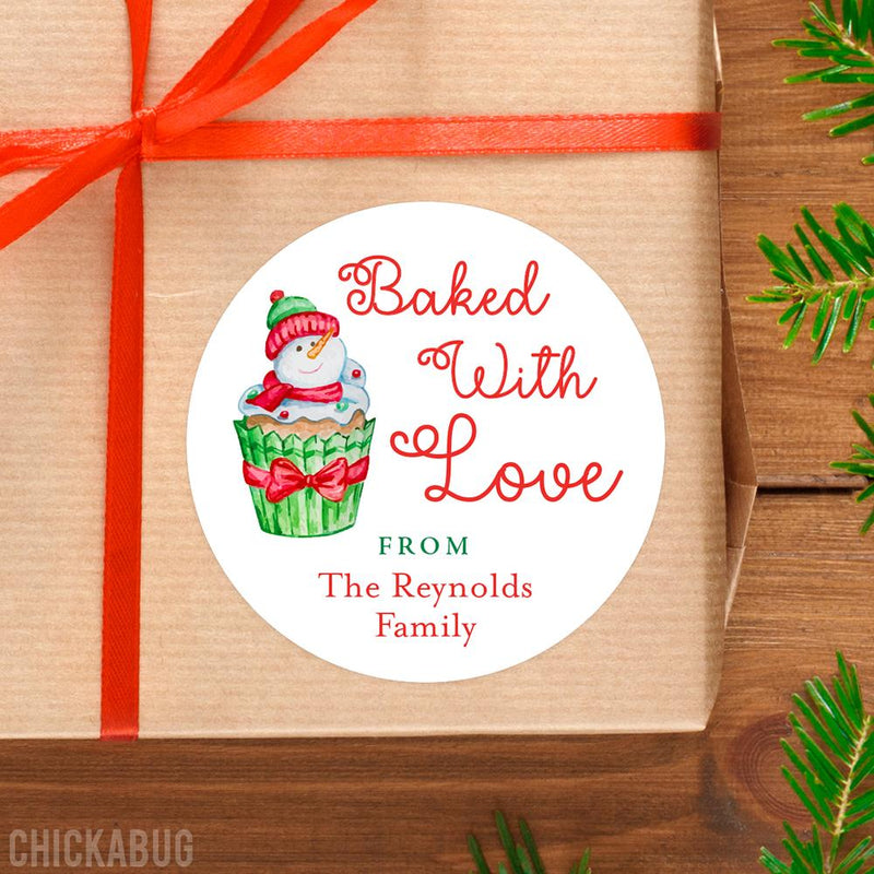 "Baked With Love" Snowman Cupcake Christmas Gift Labels